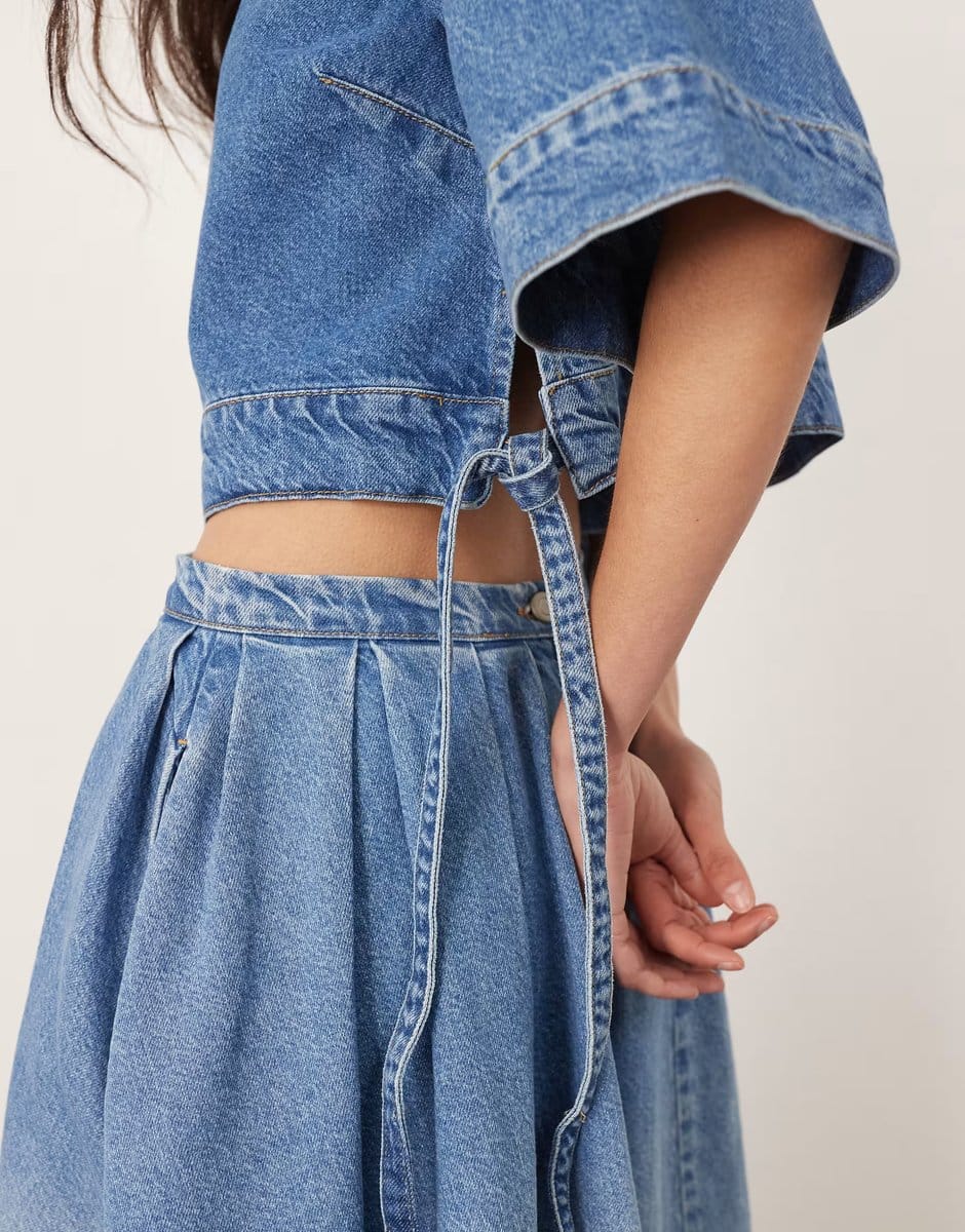 ASOS ARRANGE denim crop tab detail top co-ord in light wash blue - 4