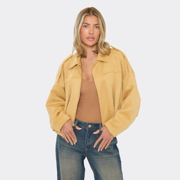 EGO Long Sleeved Zip Front Collared Detail Bomber Jacket In Stone Faux Suede, Women's Size UK Large L