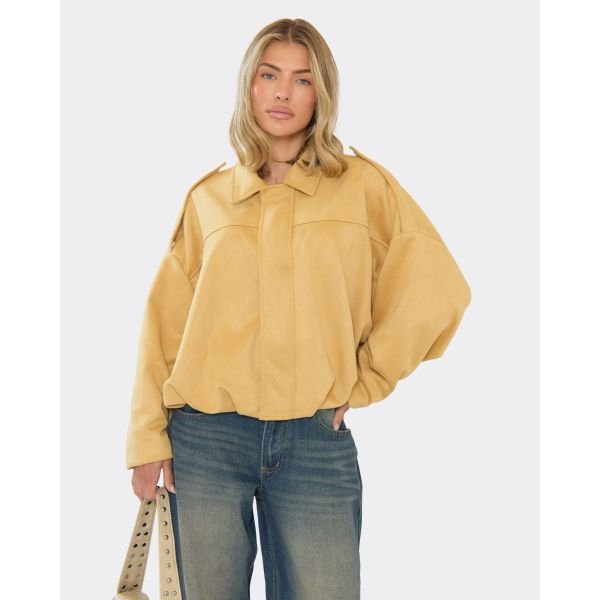 EGO Long Sleeved Zip Front Collared Detail Bomber Jacket In Stone Faux Suede, Women's Size UK Large L - 2