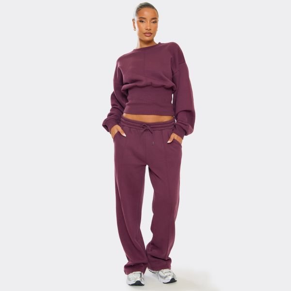 EGO Mid Rise Seam Detail Wide Leg Joggers In Plum, Women's Size UK 6 - 2