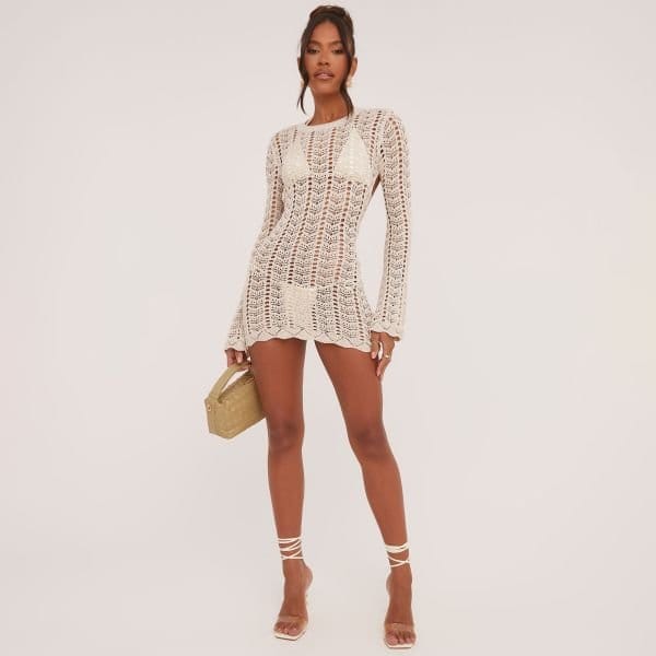 EGO Long Sleeve Tie Open Back Mini Bodycon Dress In Stone Crochet Knit, Women's Size UK Large L - 2