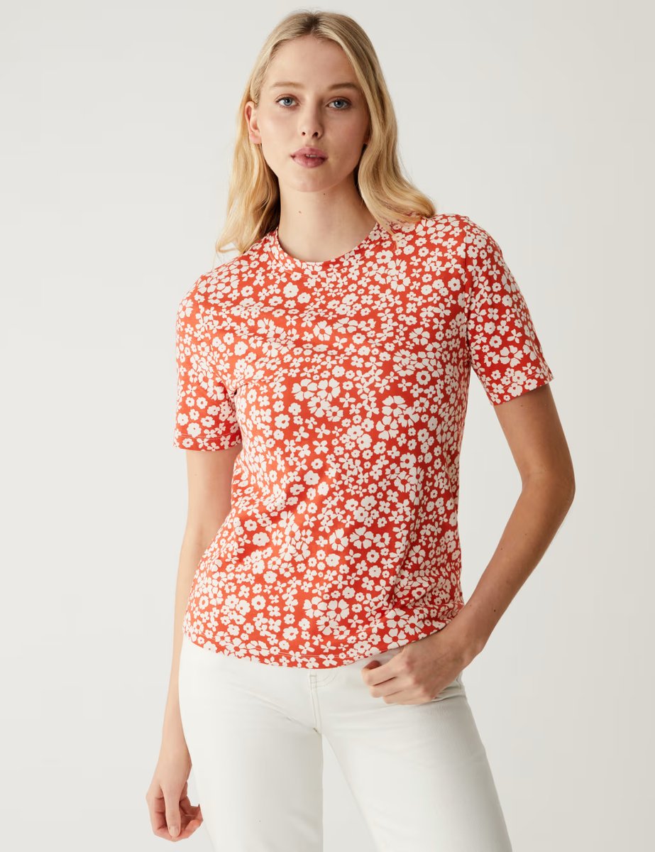 Marks & Spencer M&S Pure Cotton Printed Crew Neck T-Shirt Red Mix - 2