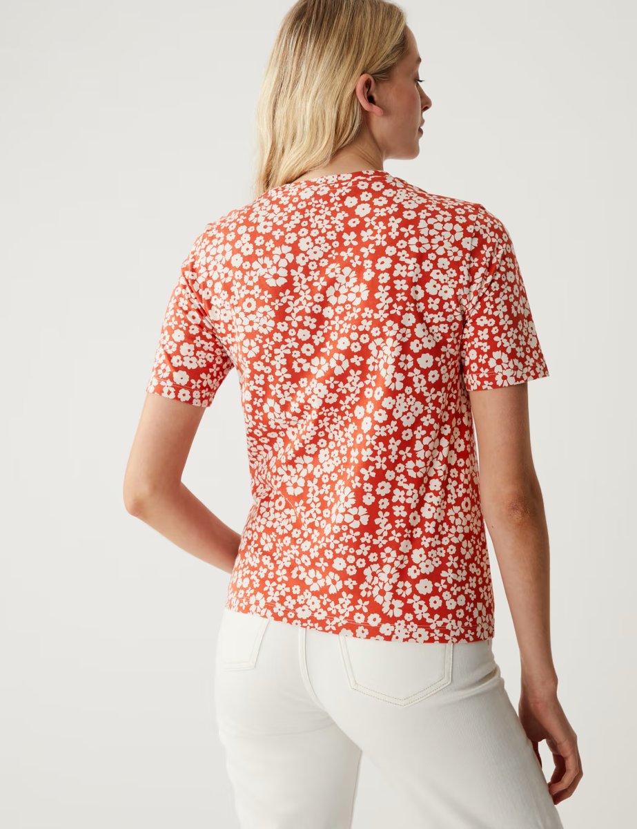 Marks & Spencer M&S Pure Cotton Printed Crew Neck T-Shirt Red Mix - 4