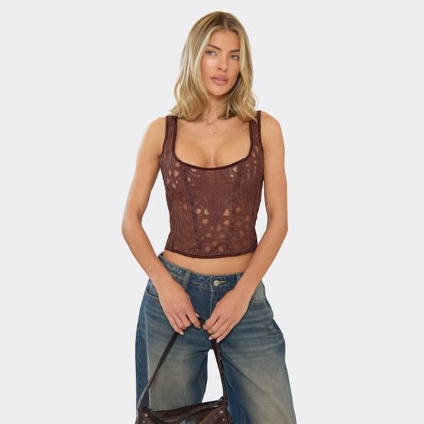EGO Strappy Stretch Zip Back Detail Corset Top In Chocolate Brown Lace, Women's Size UK 6