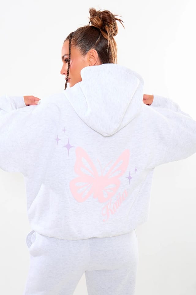 Kaiia Kaiia Butterfly Graphic Oversized Hoodie Light Grey Marl & Pink - 2