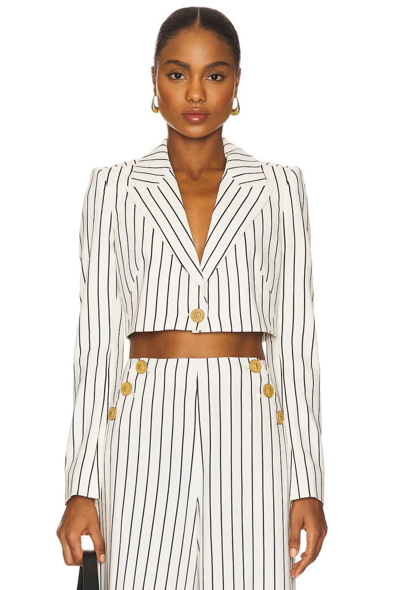 revolve Revolve L'AGENCE Cropped Blazer with Pinstripe in Vintage White