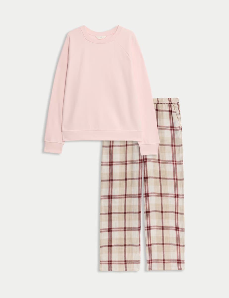 Marks & Spencer M&S Cotton Rich Checked Pyjama Set Light Pink