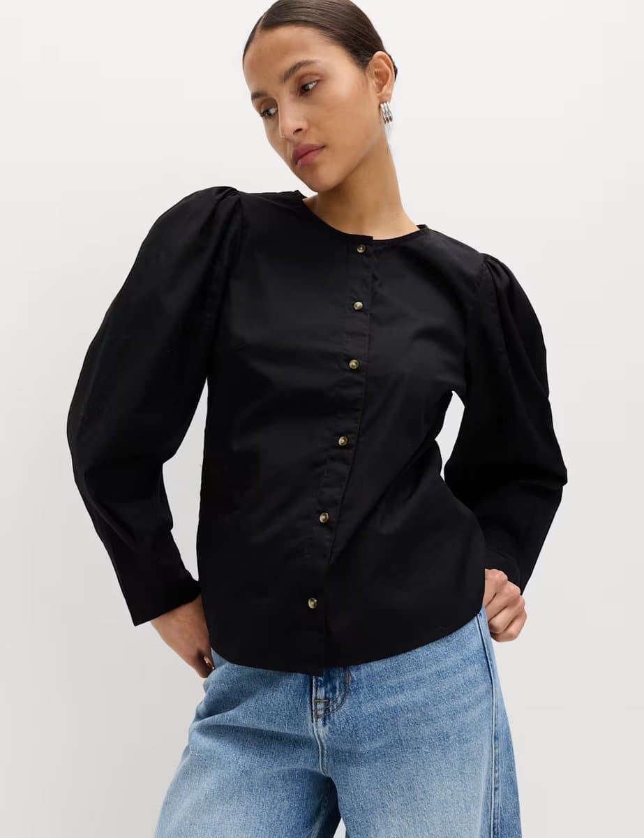 Marks & Spencer M&S Regular Fit Pure Cotton Blouses in Black/White