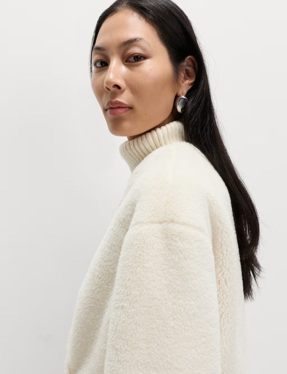 Marks & Spencer M&S Borg Collarless Double Breasted Longline Coat Ivory - 2