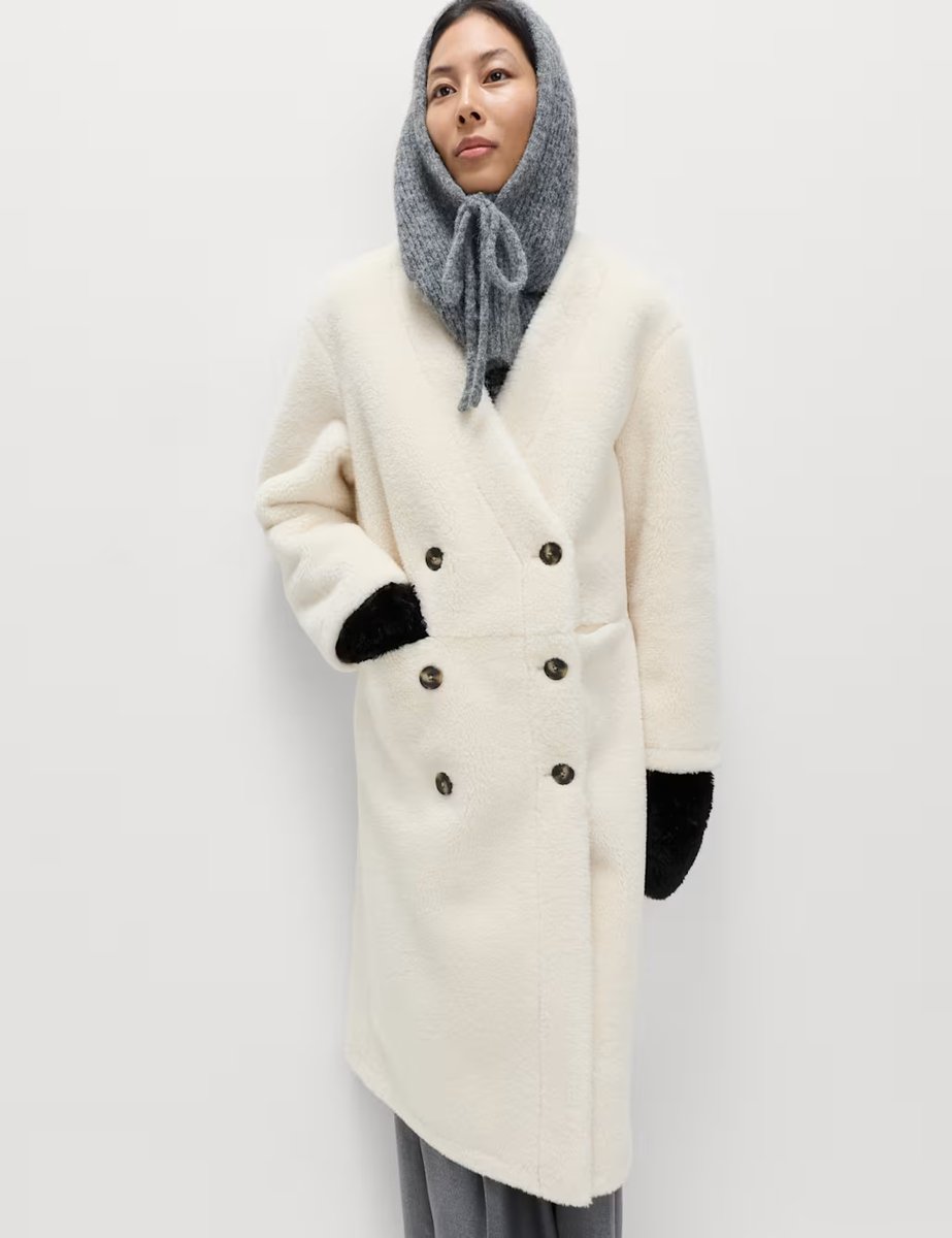 Marks & Spencer M&S Borg Collarless Double Breasted Longline Coat Ivory - 4