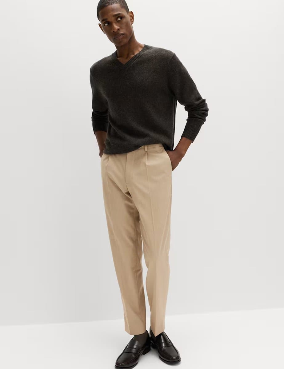 Marks & Spencer M&S Tailored Fit Flat Front Puppytooth Trousers in Neutral