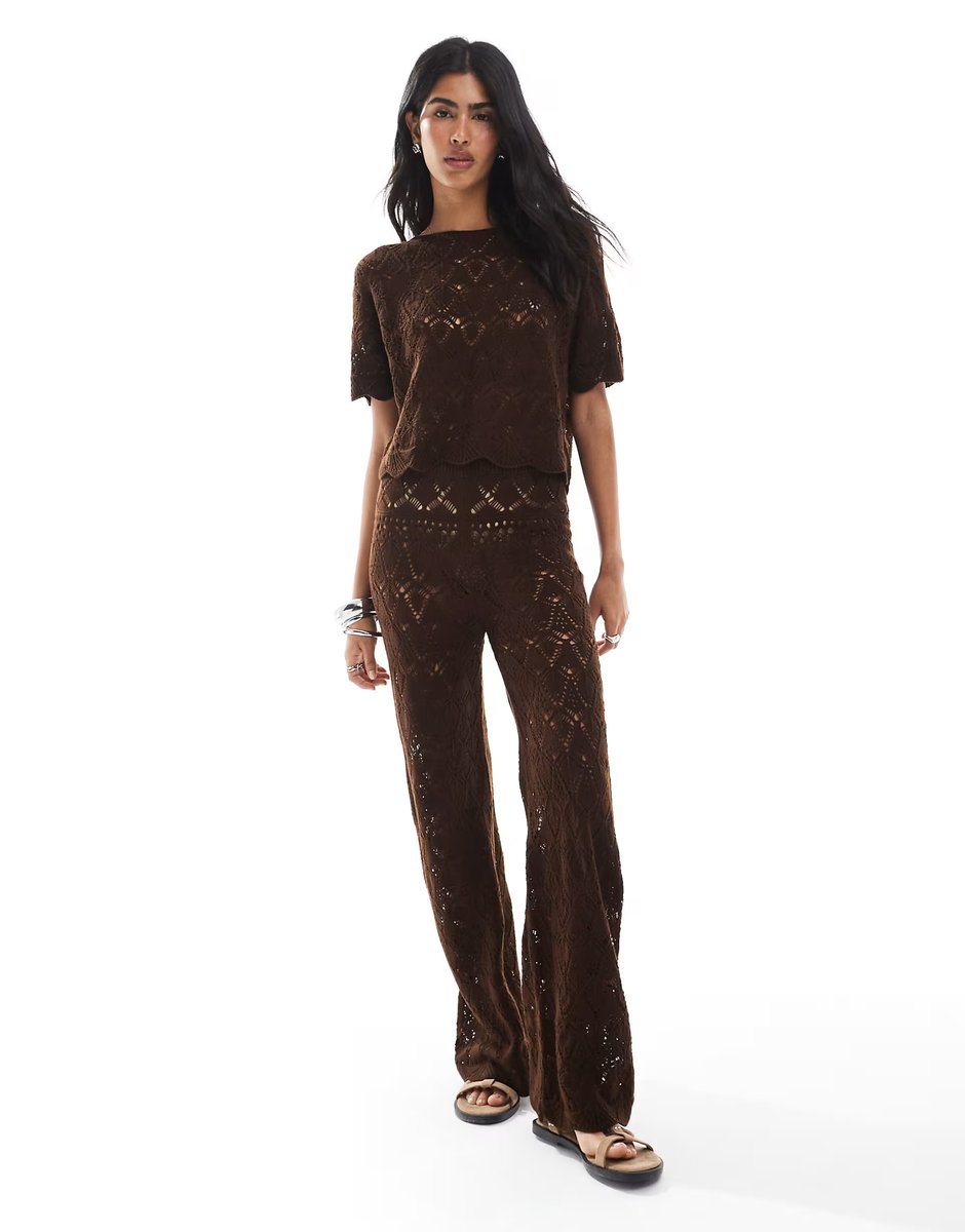 ASOS Miss Selfridge crochet beach tee co ord in chocolate - 2