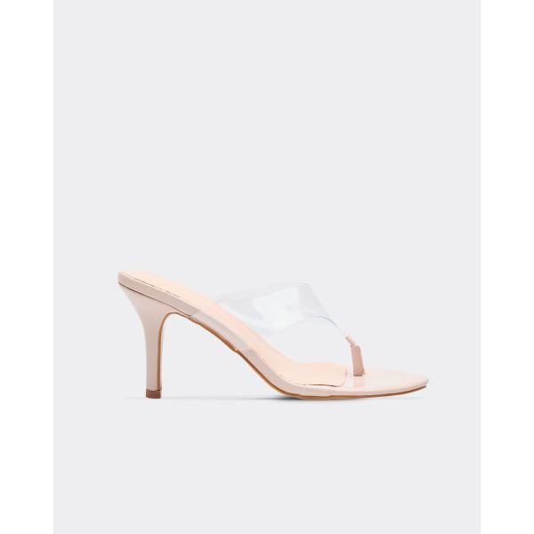 EGO Arrie Clear Perspex Thong Strap Heeled Mule In Nude Patent, Women's Size UK 3 - 2