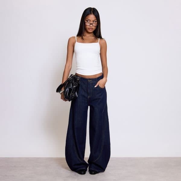 EGO Mid Rise Seam Detail Barrel Jeans In Indigo Blue Denim, Women's Size UK Large L