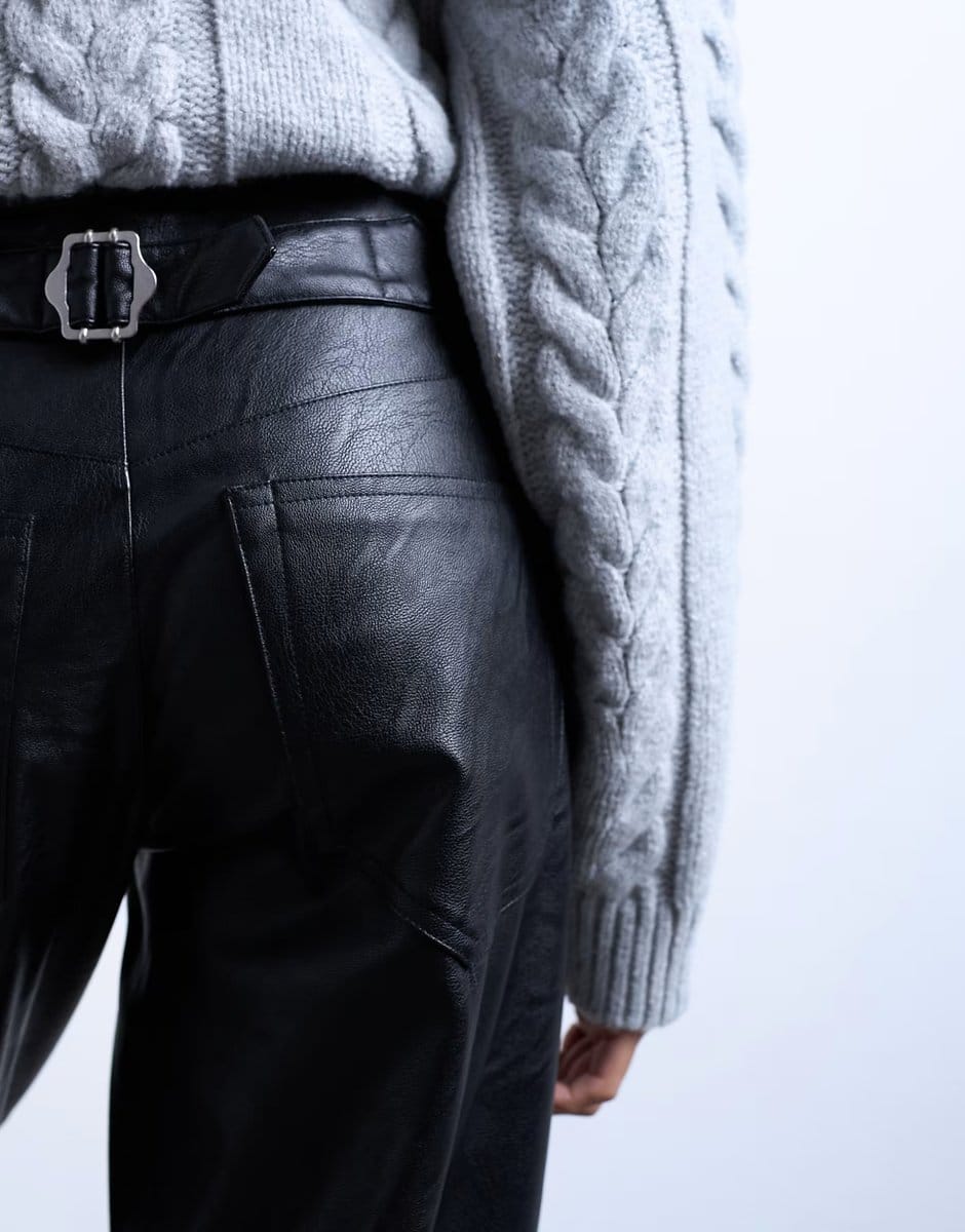 ASOS Topshop faux leather cinch trouser in black - 4