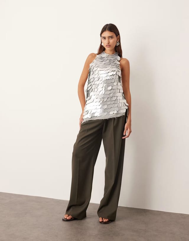ASOS ARRANGE embellished shard sequin longline halter neck top in silver - 3