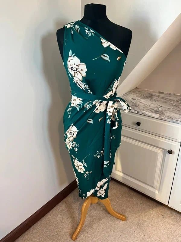 Shein SHEIN Green Floral One Shoulder Wrap Ruched Tie Midi Summer Dress Size XS