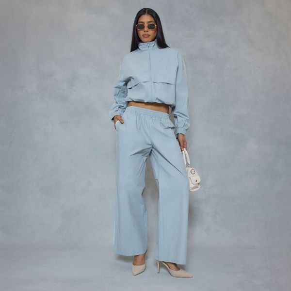 EGO Low Rise Elastic Waistband Detail Wide Leg Track Pants In Blue Shell, Women's Size UK 6 - 1