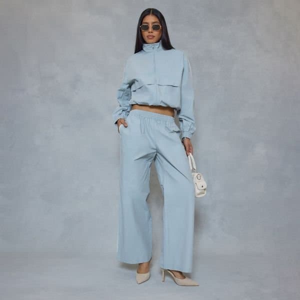 EGO Low Rise Elastic Waistband Detail Wide Leg Track Pants In Blue Shell, Women's Size UK 6
