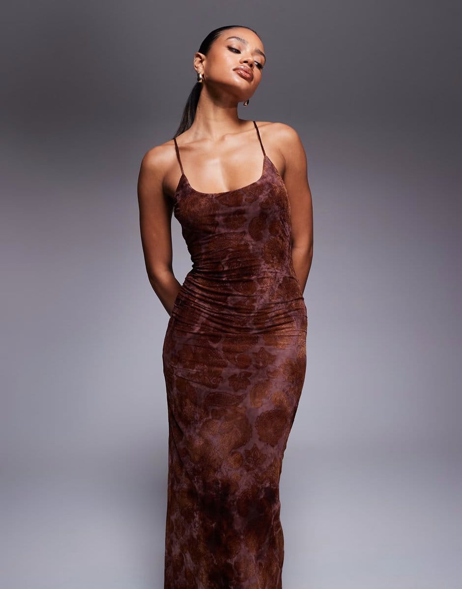 ASOS Princess Polly Knox floral devore open back cami maxi dress in chocolate - 4