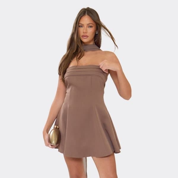 EGO Scarf Detail Bandeau A Line Mini Dress In Chocolate Brown Woven, Women's Size UK 6