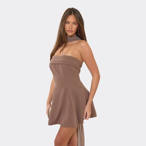 EGO Scarf Detail Bandeau A Line Mini Dress In Chocolate Brown Woven, Women's Size UK 6 - 2