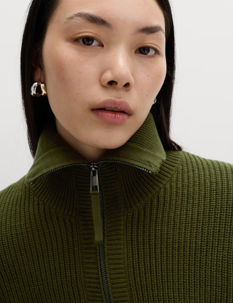 Marks & Spencer M&S Cotton Rich Pocket Detail Knitted Jacket Dark Khaki - 2