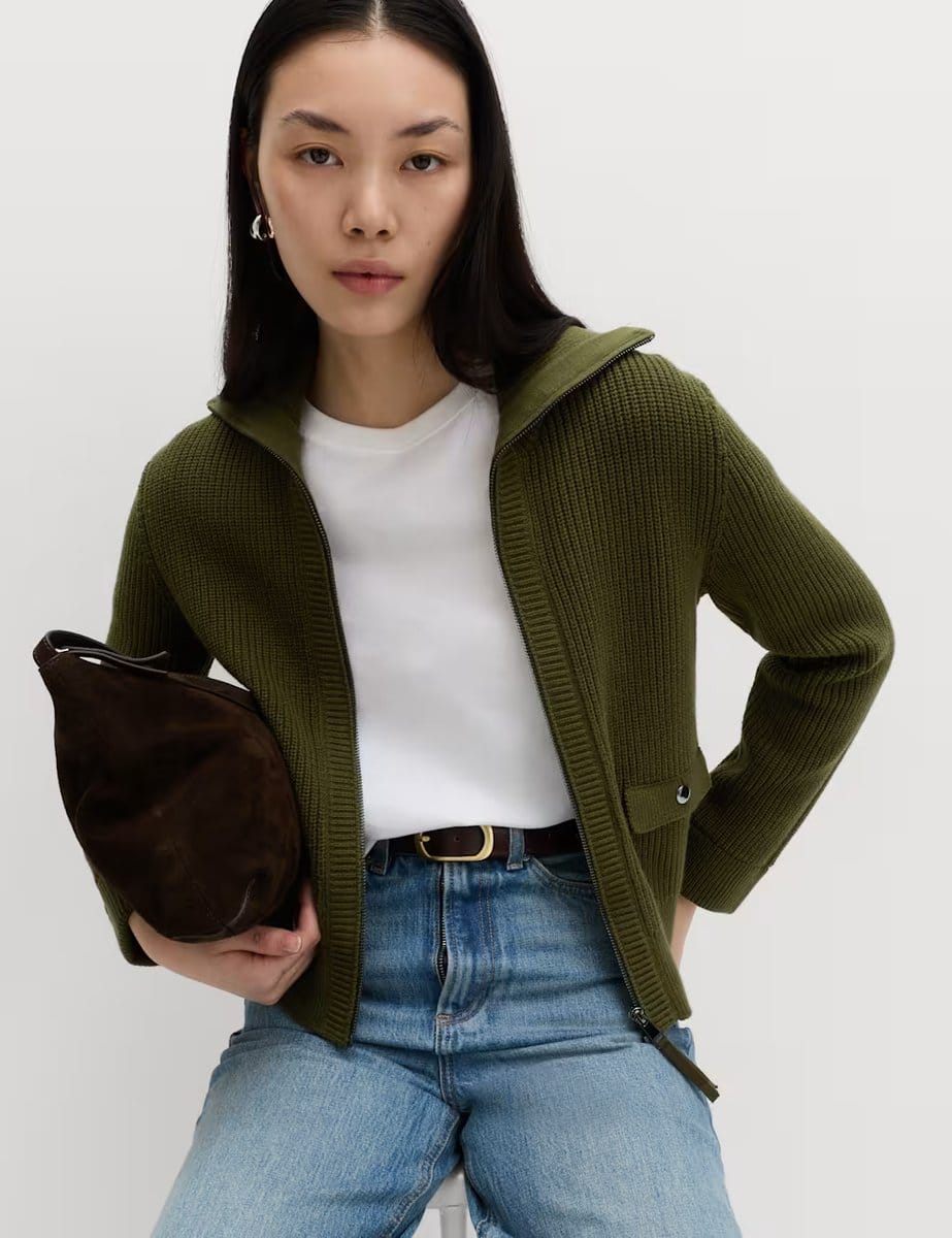 Marks & Spencer M&S Cotton Rich Pocket Detail Knitted Jacket Dark Khaki - 4