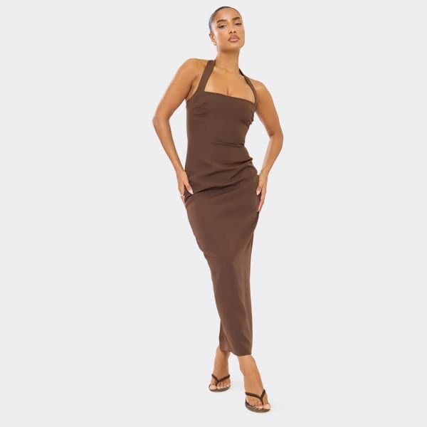 EGO Square Neck Bodycon Midaxi Dress In Chocolate Brown Woven, Women's Size UK 6