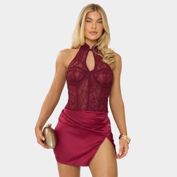 EGO High Neck Underwire Lace Corset Split Hem Skirt Detail Mini Dress In Burgundy, Women's Size UK 6
