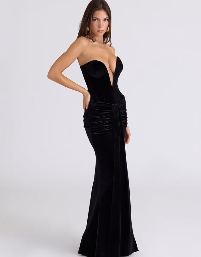 ASOS House of CB Vienne velvet deep plunge maxi gown - limited edition in black - BLACK - 3