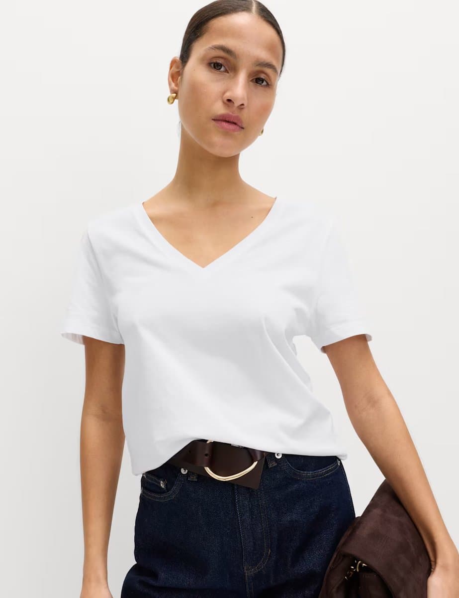 Marks & Spencer M&S Pure Cotton V-Neck T-Shirt Soft White