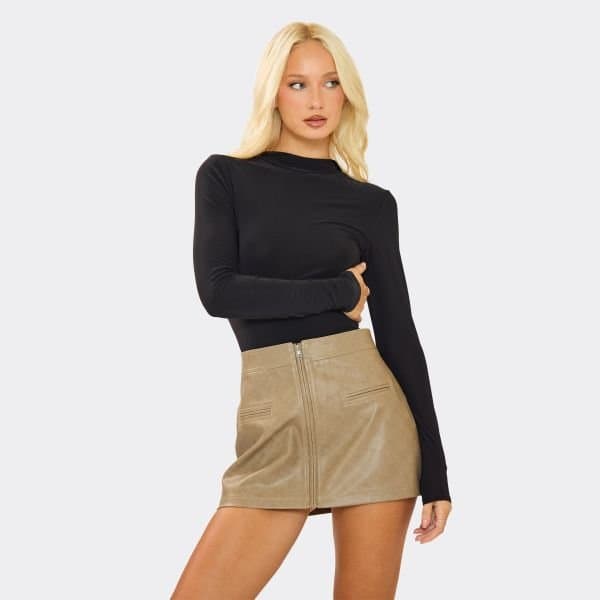 EGO Mid Rise A-Line Zip Up Detail Mini Skirt In Stone Faux Leather, Women's Size UK 6