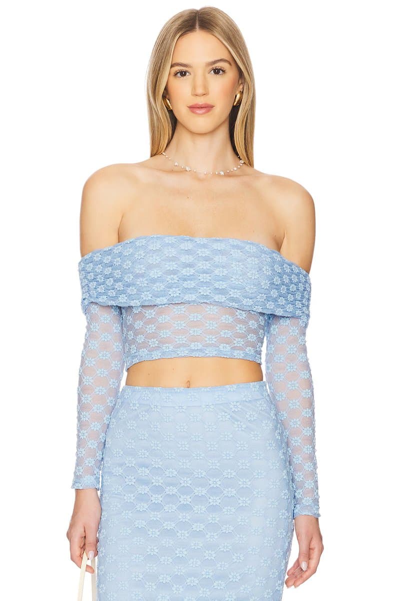 revolve Revolve Bardot Off The Shoulder Floral Crop Top in Cornflower