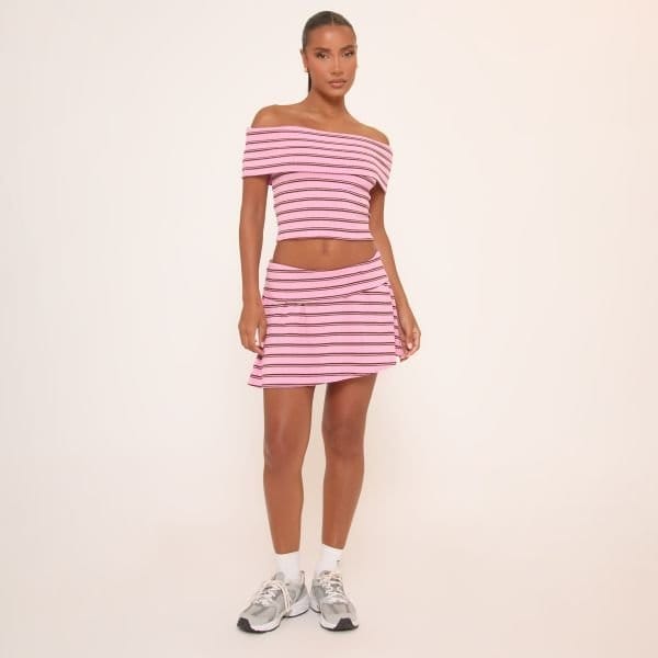EGO Low Rise Fold Over Mini Skirt In Pink And Brown Stripe, Women's Size UK 6 - 1