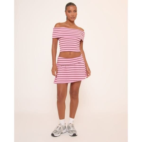 EGO Low Rise Fold Over Mini Skirt In Pink And Brown Stripe, Women's Size UK 6 - 2