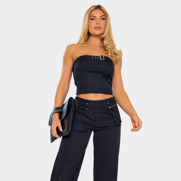 EGO Bandeau Belted Tube Top In Black Woven, Women's Size UK 6