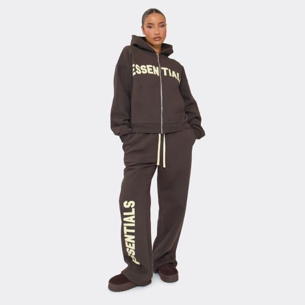 EGO Low Rise Drawstring Yellow Essential Graphic Wide Leg Joggers In Chocolate Brown, Women's Size UK 6