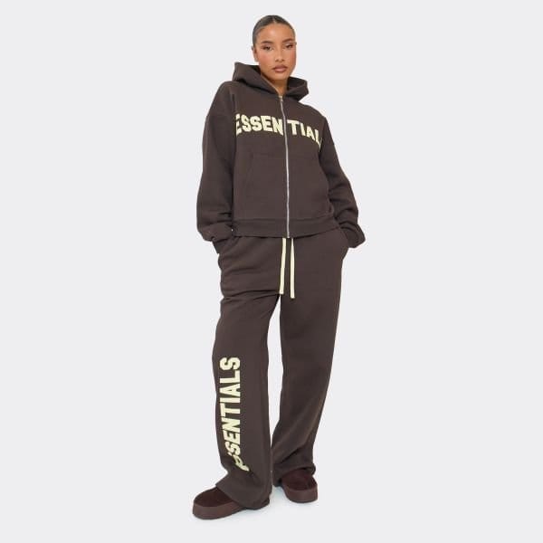 EGO Low Rise Drawstring Yellow Essential Graphic Wide Leg Joggers In Chocolate Brown, Women's Size UK 6 - 1