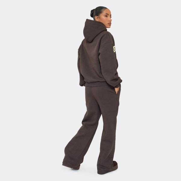 EGO Low Rise Drawstring Yellow Essential Graphic Wide Leg Joggers In Chocolate Brown, Women's Size UK 6 - 2