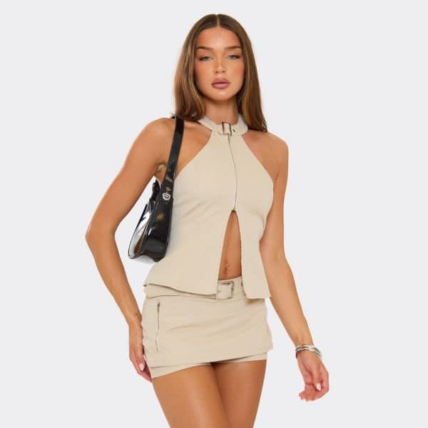 EGO High Neck Zip Buckle Detail Top In Stone, Women's Size UK 8