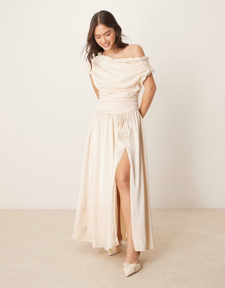 ASOS ASOS DESIGN twist neckline ruched bodice with satin skirt midi dress in cream