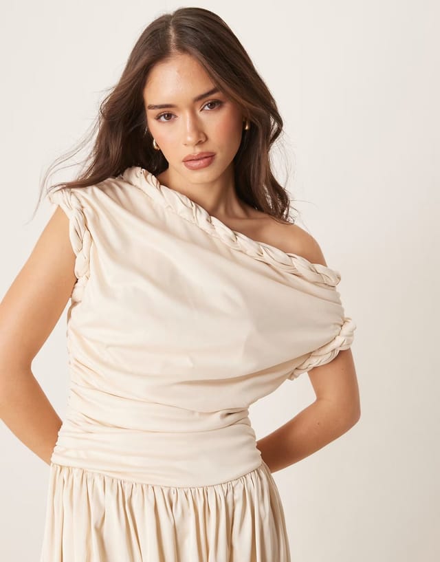 ASOS ASOS DESIGN twist neckline ruched bodice with satin skirt midi dress in cream - 3