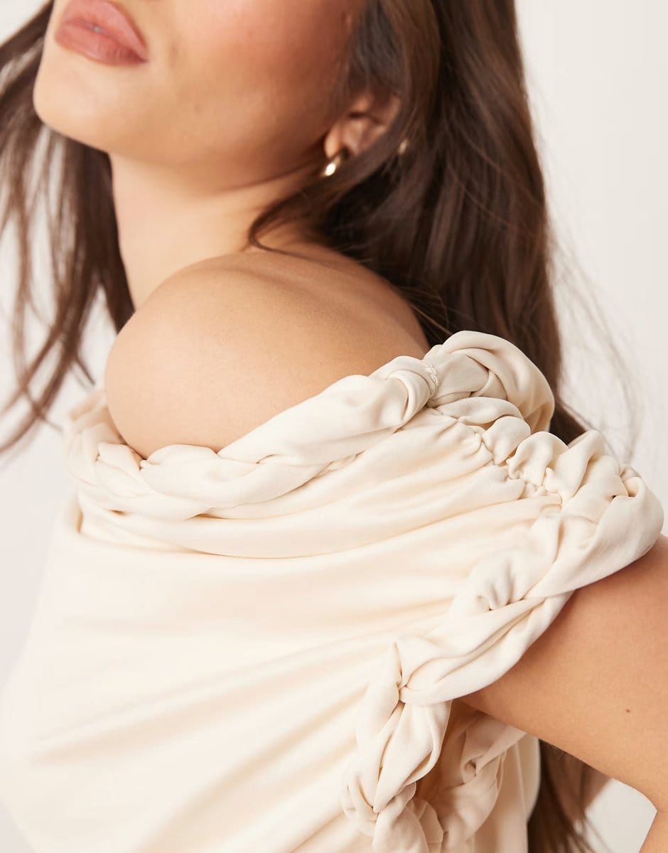 ASOS ASOS DESIGN twist neckline ruched bodice with satin skirt midi dress in cream - 4