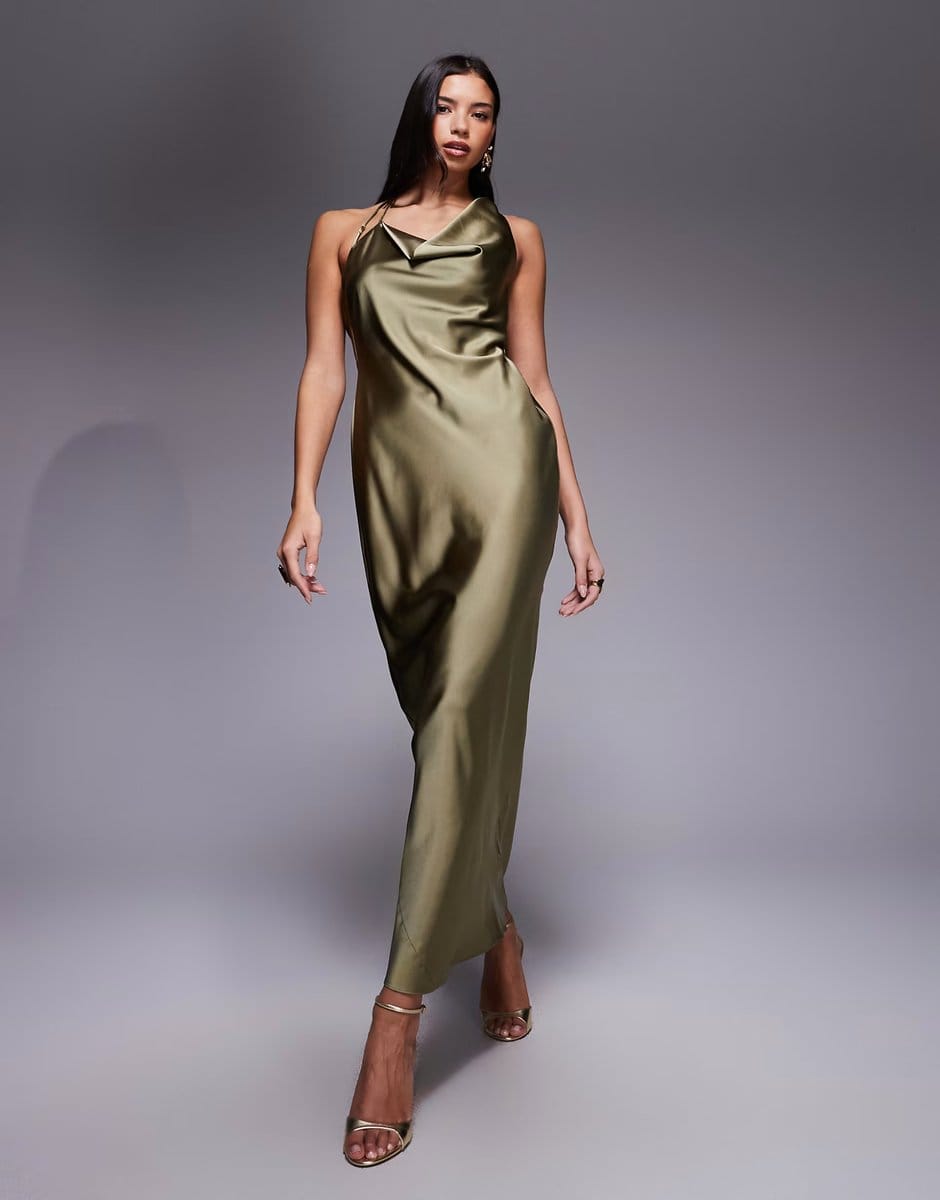 ASOS ASOS DESIGN one shoulder asymmetric drape satin maxi dress in khaki - 1