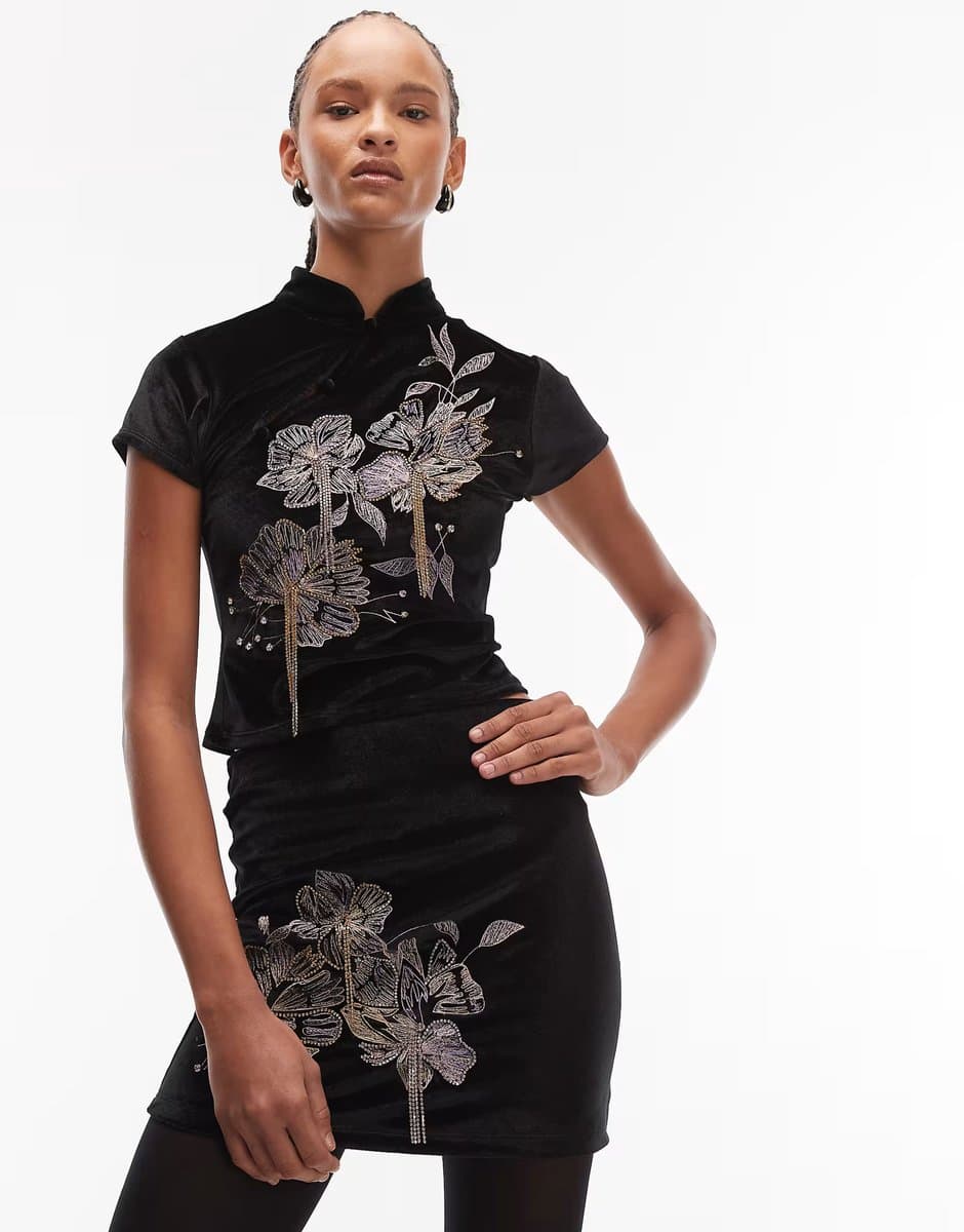 ASOS ASOS DESIGN co-ord velvet embroidered mini skirt with drip bead detail in black