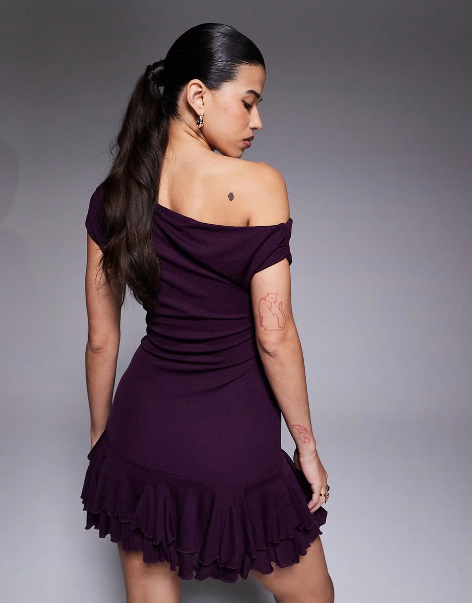 ASOS Kaiia exclusive textured mesh drape off shoulder rara hem mini dress in plum - 4