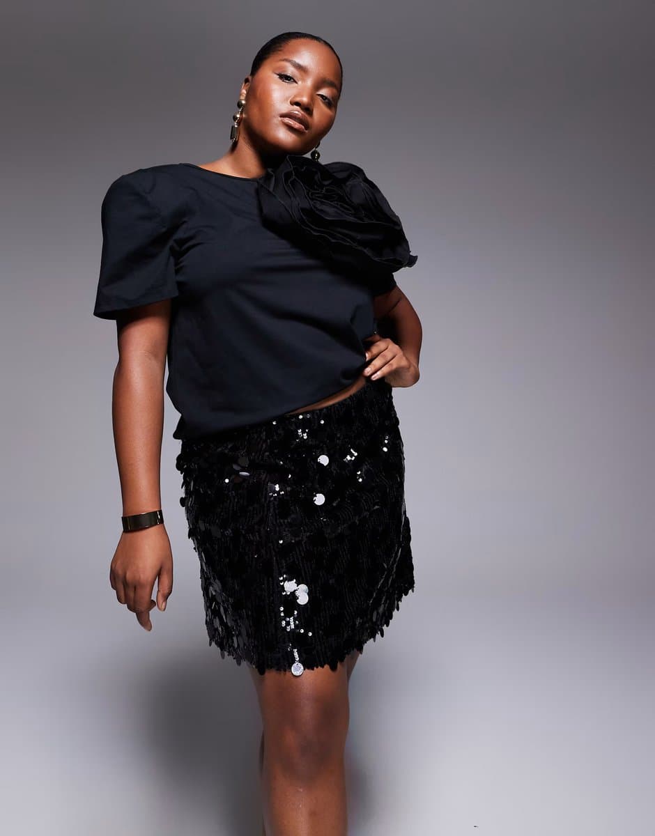 ASOS ASOS DESIGN Curve mixed sequin mini skirt in black