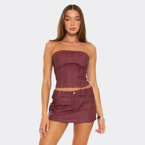 EGO Bandeau Contrast Stitch Panel Corset Top In Burgundy Faux Leather, Women's Size UK 8 - 1