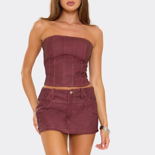 EGO Bandeau Contrast Stitch Panel Corset Top In Burgundy Faux Leather, Women's Size UK 8 - 2